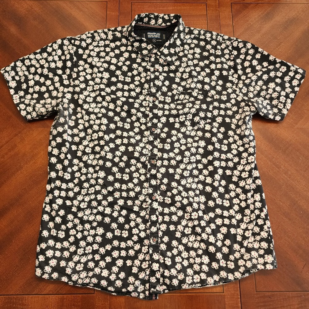 Monument Mens Floral Print Short Sleeve Button Down Shirt XL Pocket Cotton Black
